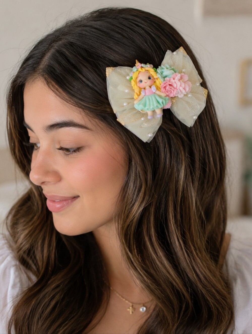 Cream Tulle Unicorn Doll Bow Hair Clip with Pastel Accents🎀✨